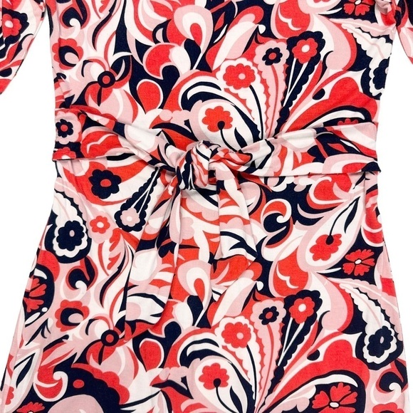 Boden mini dress tunic t-shirt dress navy blue orangey-red pink print tie belt 6 - Picture 4 of 16